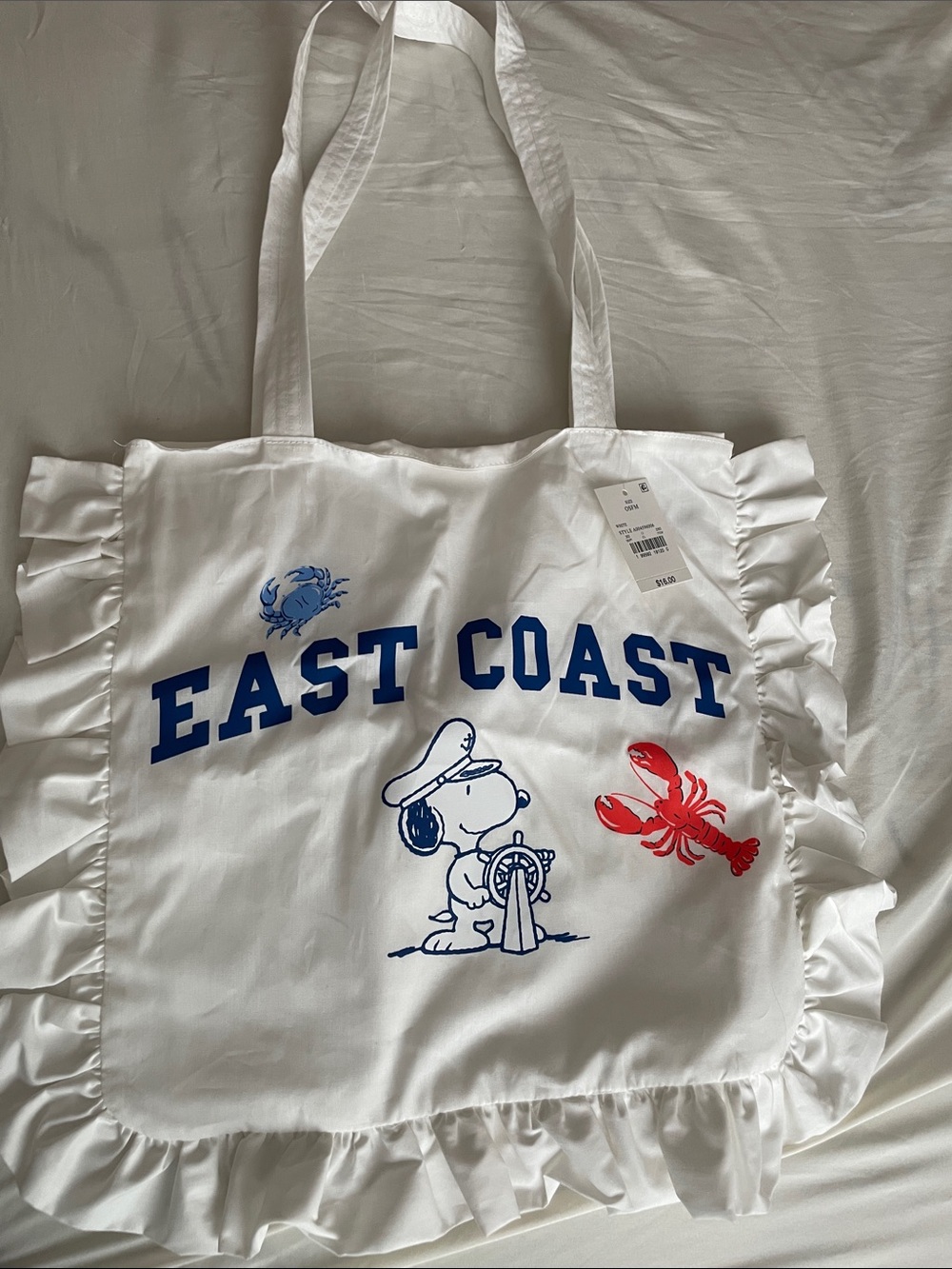 East Coast Snoopy Ruffle Tote Bag - White with Blue & Red Print